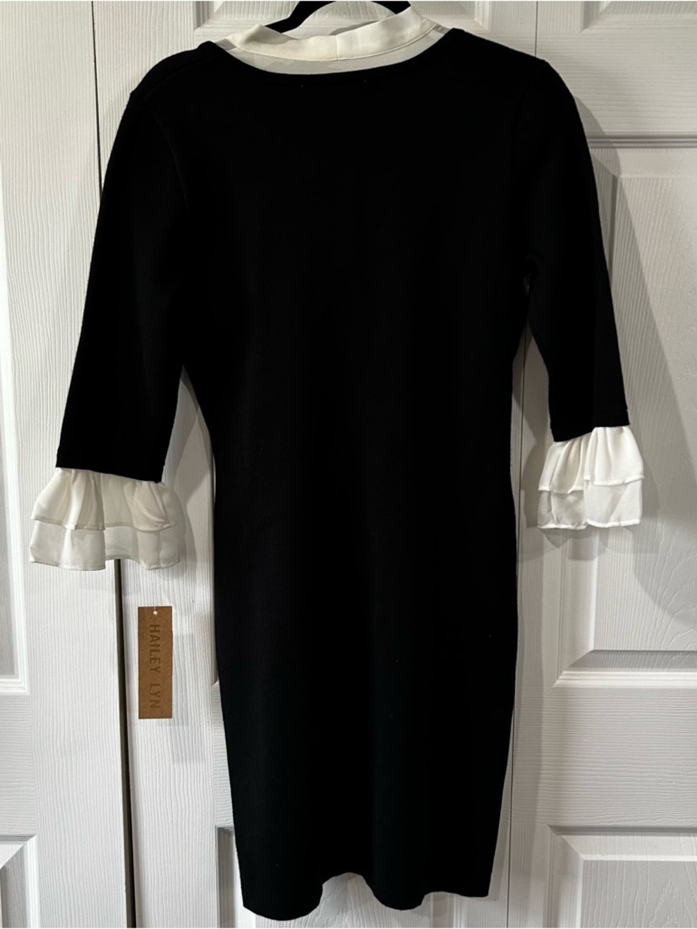 Hailey Lyn Black Knit Dress with White Tie & Ruffled Cuffs NWT - Picture 5 of 5
